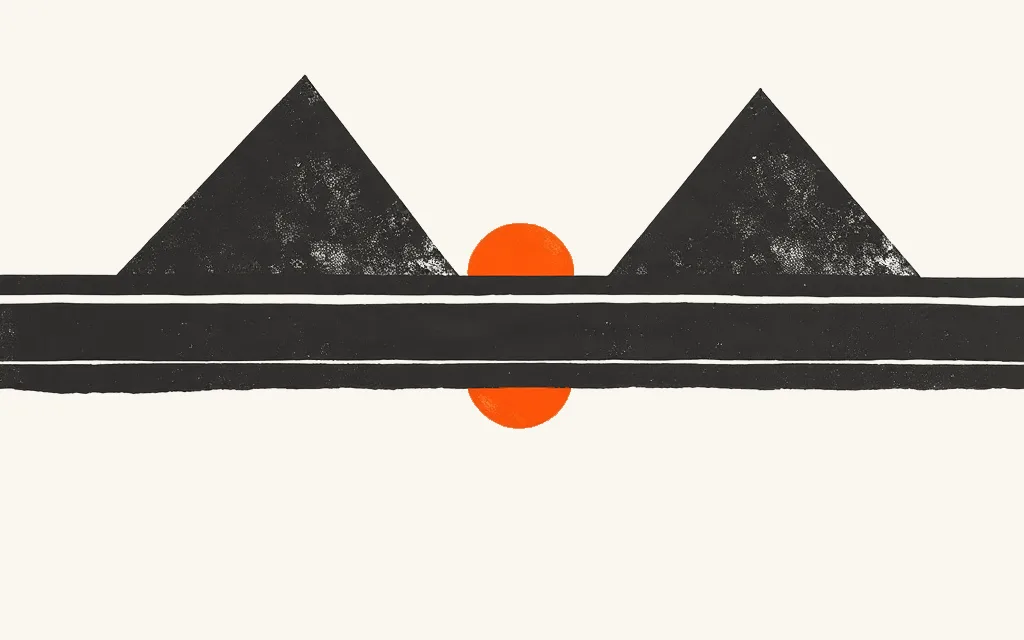 Abstract graphic in the brand palette: flat triangles, a disc and horizontal bands.